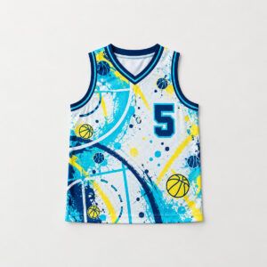 Splash Court Youth Sleeveless Jersey Tank with splashy court lines and small basketballs in aqua, yellow and navy with number "5"