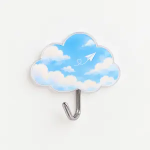 Paper Plane Cloud Adhesive Hook with a cloud-shaped plate printed with a pale blue sky gradient and a tiny paper plane