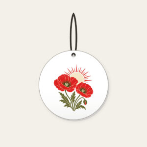 Twin Poppies and a Rising Sun Ceramic Ornament in white: Two poppies beneath a rising sun in red, cream and olive.