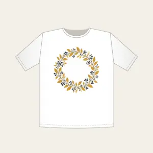Gold Botanical Leaf and Berry Wreath T-Shirt in white: A fine botanical wreath of leaves and berries drawn in dark lines on a gold ground.