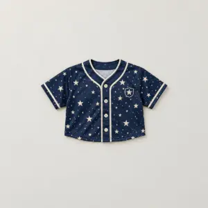 Youth Crop Baseball Jersey with Star Dots with all-over star dots in navy and cream with a small crest