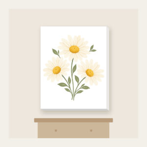 Three Daisies in Butter Yellow Canvas Print in white: Three daisies with tiny leaves in cream, butter yellow and sage.
