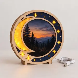 Moonbeam Photo Night Light Box with box face with a crescent moon, small stars and a window showing an original sample photograph of a pine forest at dusk in navy and gold tones, Yellow LED type