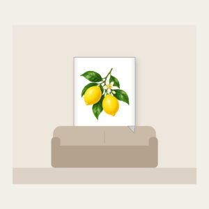 Lemon Branch in Blossom Fleece Blanket in white: A single lemon branch carries two lemons, glossy leaves and a small blossom in lemon yellow, leaf green and cream.