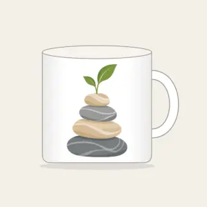 Cairn Stones with a Sprout Mug in white: Stacked cairn stones in grey and sand, topped with a tiny green sprout.