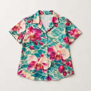 Orchid Lagoon Camp Shirt with all-over orchids and lagoon ripples in teal, magenta and cream