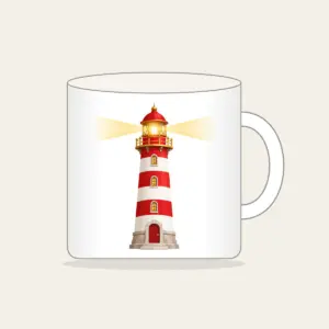 Striped Lighthouse Beam Mug in white: A red and white striped lighthouse sends out a gentle golden beam of light.
