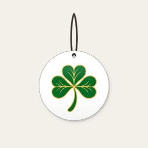 Gold-Edged Clover Leaf Ceramic Ornament in white: A flat clover leaf in green and gold sits inside a thin border line.