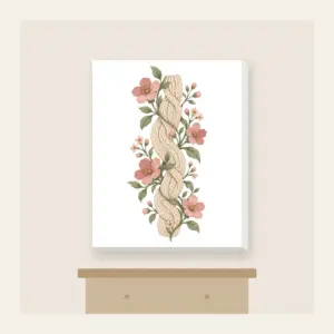 Cable Pattern Twined with Little Flowers Canvas Print in white: A flat cable pattern entwined with small flowers in oatmeal, sage and rose.