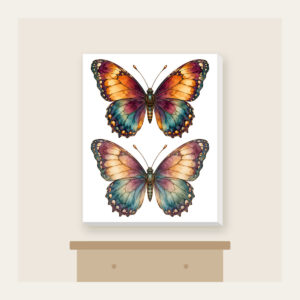 Amber Plum Watercolor Butterfly Canvas Print in white: A butterfly with watercolor-style wings in amber, plum and teal, traced with delicate vein linework.