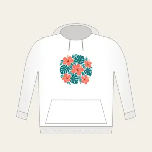 Coral Hibiscus and Monstera Leaves Hoodie in white: Coral hibiscus flowers and teal monstera leaves repeat across a cream ground.
