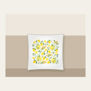 Lemonade Stand Pitchers and Lemons Pillow in white: Lemonade pitchers, lemons and tiny straw sunbonnets repeat in yellow, white and mint.