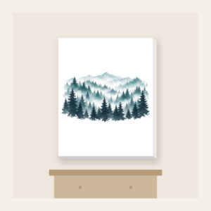 Pine Rows Fading into Mist Canvas Print in white: Rows of pine silhouettes recede into mist in slate, teal and white.