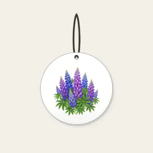 Lupine Spikes in Violet and Blue Ceramic Ornament in white: Tall lupine spikes in violet and blue rise among green leaves.