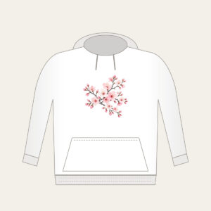 Cherry Blossom Branches on Grey Hoodie in white: Cherry blossom branches in pale rose and white bloom on a muted grey background.