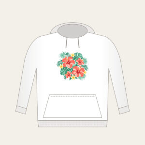 Coral Hibiscus Palm Sorbet Pattern Hoodie in white: Coral hibiscus blooms and palm leaves in mint and lemon spread across a cream field.