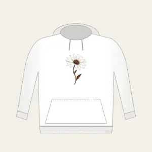 Single Daisy with Curved Stem Hoodie in white: A single daisy with a curved stem in white and deep brown.