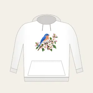 Bluebird on a Blossom Branch Hoodie in white: A small bluebird rests on a branch of cobalt, white and pale pink blossoms.