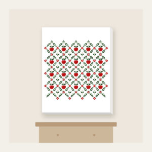 Orchard Diamond Lattice Canvas Print in white: A diamond lattice with small apple and leaf motifs in red, cream and green.
