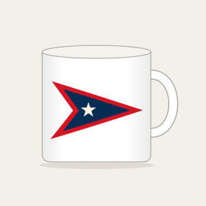 Navy Pennant with Cream Star Mug in white: A three-point pennant in navy and red with one small cream star.