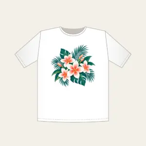 Plumeria and Palm Leaves on Deep Teal T-Shirt in white: White and coral plumeria blossoms and palm leaves glow against a deep teal base.