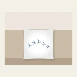 Five Swallows in a Gentle Arc Pillow in white: Five swallows in cream and sky blue fly in an arc along a fine dotted trail.