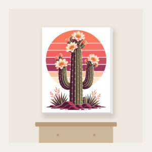 Flowering Saguaro and Striped Sun Canvas Print in white: A flowering saguaro cactus stands against a striped sunset sun in coral, plum and cream.