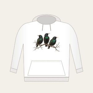 Three Starlings on a Bare Branch Hoodie in white: Three starlings perch on a bare branch in charcoal and iridescent green on a pale ground.