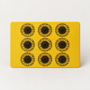 Sunbeam Grid Wallet Card with card-size print of a three-by-three grid of nine sunflower circles in black and golden ink on a yellow ground