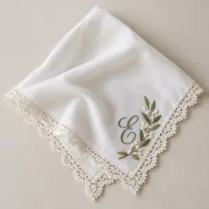 Satin Olive Branch Handkerchief with an embroidered olive branch in sage and ivory along one corner with the exact embroidered text "E" in script