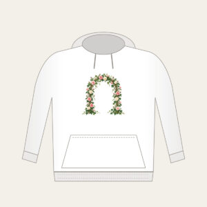 Rose and Ivy Garden Arch Hoodie in white: An arch of climbing roses and ivy in blush, deep green and cream, leaving generous open space in the middle.