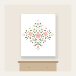 Tiny Blooms and Diamonds in Blush Canvas Print in white: Small flowers and diamond shapes repeat in blush, sage and cream.
