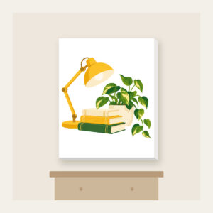 Lamplit Desk with Books and Fern Canvas Print in white: A warm yellow desk lamp glows beside a stack of books and a potted plant in cream and green.