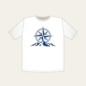 Compass Rose over a Ridge Line T-Shirt in white: A compass rose rests over a simple ridge line in navy and white.