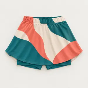 Court Color Block Skort with color blocks in teal, coral and cream across the skirt panels