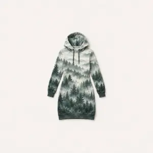 Fog Forest Hoodie Dress with all-over layered misty pine forest in grey-green gradients fading toward the hem