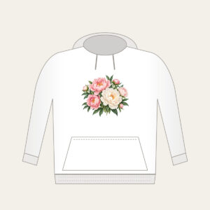 Blush and White Peonies Hoodie in white: Peonies in blush and white with green leaves on a cream base.
