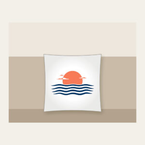 Rising Sun over a Navy Horizon Pillow in white: Navy horizon lines meet a small warm coral sun, with a few tiny white clouds.