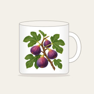 Fig Branch with Plump Purple Figs Mug in white: A fig branch carrying plump purple figs and broad green leaves on a cream ground.