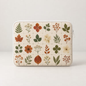 Botanical Specimen Laptop Sleeve with a grid of pressed leaves and blossoms in green, rust and cream with tiny index lines