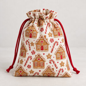 Gingerbread Lane Christmas Sack with a pattern of gingerbread houses, candy canes and stars in cream, brown and red