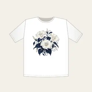 Night-Blooming Moonflowers over Navy T-Shirt in white: Moonflowers in cream and silver glow over a navy ground.