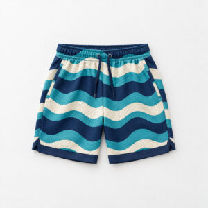 Wave Stripe Kids Jersey Shorts with horizontal wave stripes in navy, teal and cream across the shorts, with plain solid navy contrasting bottom hems
