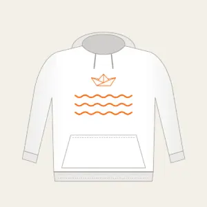 Paper Boat on Ripples Hoodie in white: A folded paper boat on three ripple lines in white and orange.