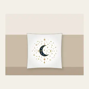 Gilded Constellations and Crescent Moons Pillow in white: Cream and gold constellations and crescent moons drift across a deep navy sky.