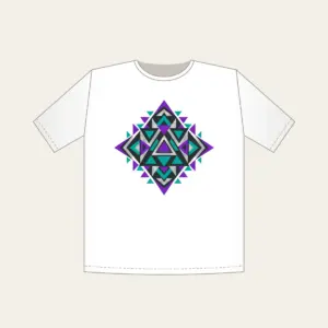 Violet and Teal Triangle Pattern T-Shirt in white: A bold geometric pattern of triangles in violet, teal and silver on charcoal.