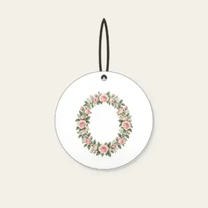 Oval Rose Wreath in Blush and Sage Ceramic Ornament in white: An oval wreath of roses and leaves in blush and sage that leaves a quiet open space in the middle.