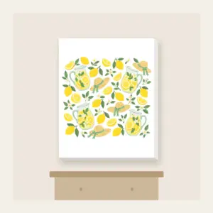 Lemonade Stand Pitchers and Lemons Canvas Print in white: Lemonade pitchers, lemons and tiny straw sunbonnets repeat in yellow, white and mint.