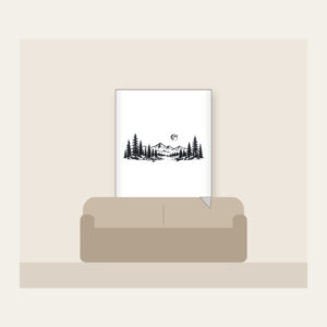 Pine Tree Line and Crescent Moon Fleece Blanket in white: A single-tone pine tree in line drawing with a small moon curled around it.