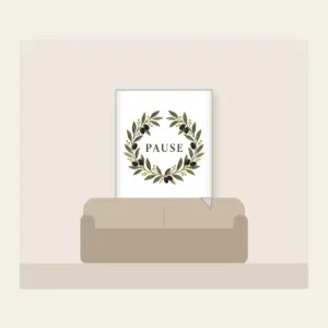 Olive Branch Wreath with PAUSE Fleece Blanket in white: An olive branch wreath with dark fruits and ochre dots circles the word PAUSE in simple deep green serif letters.